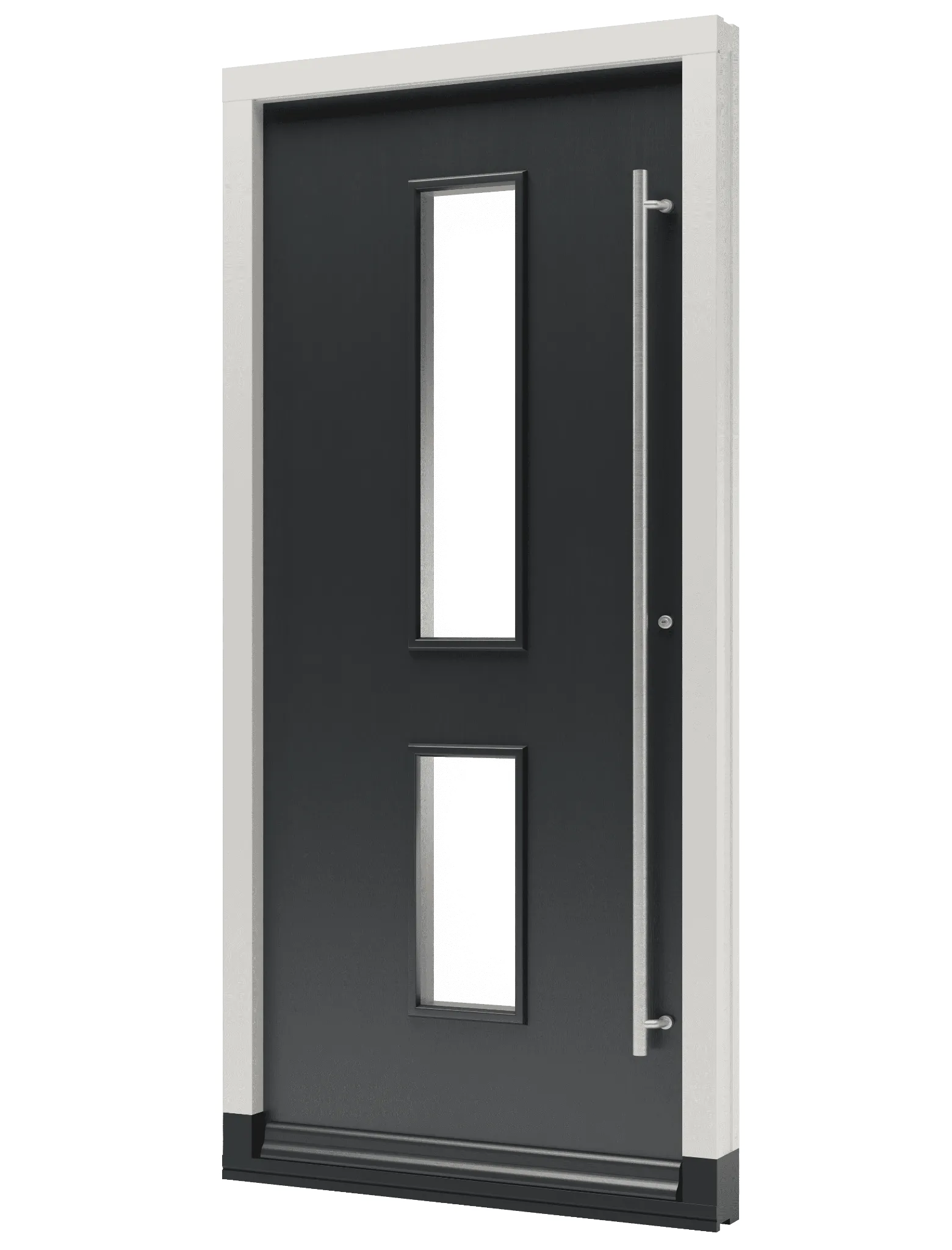 Houten voordeur TH04 met twee velden van glas en een lange handgreep