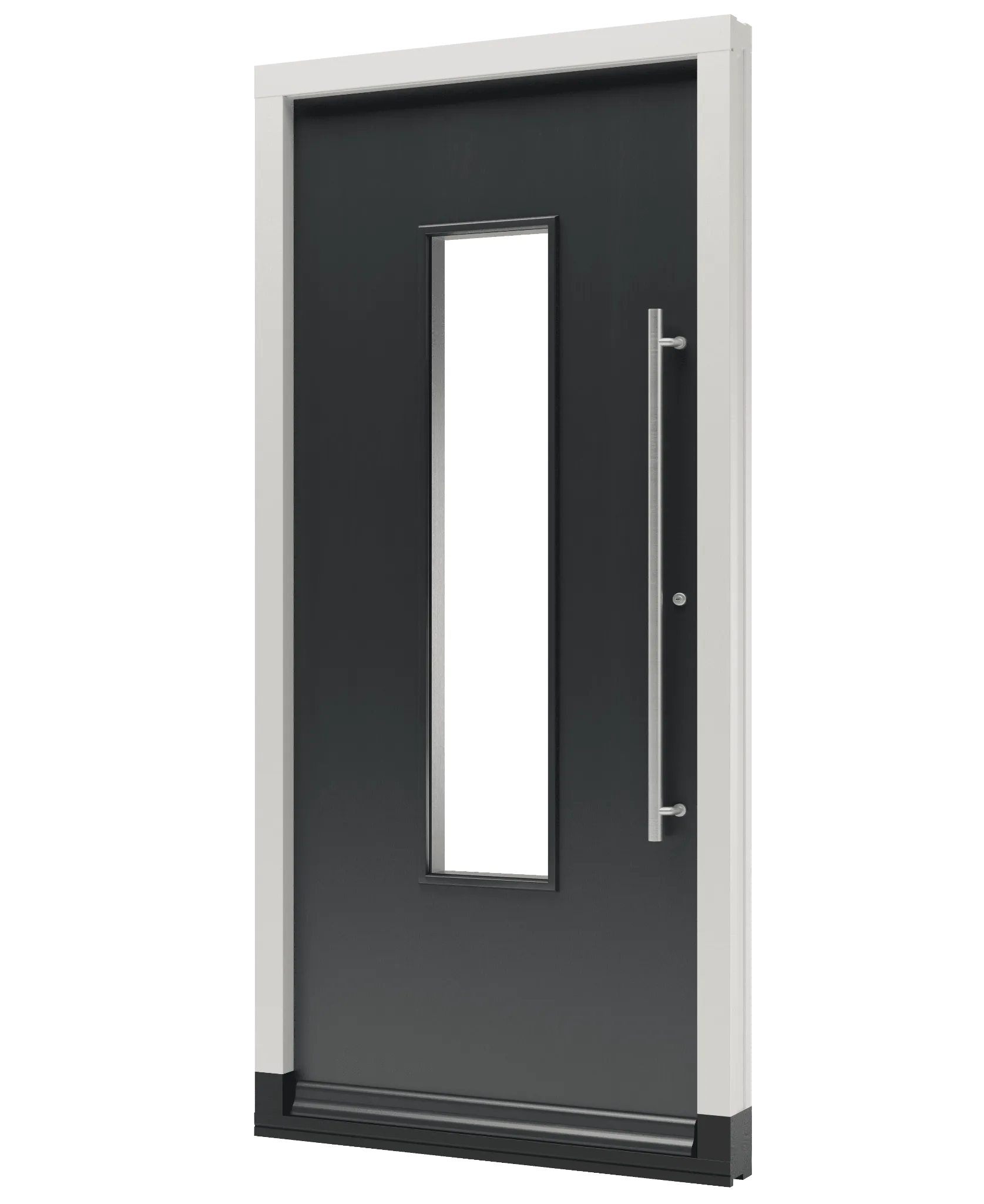 Houten voordeur met glas in het midden en een korte handgreep