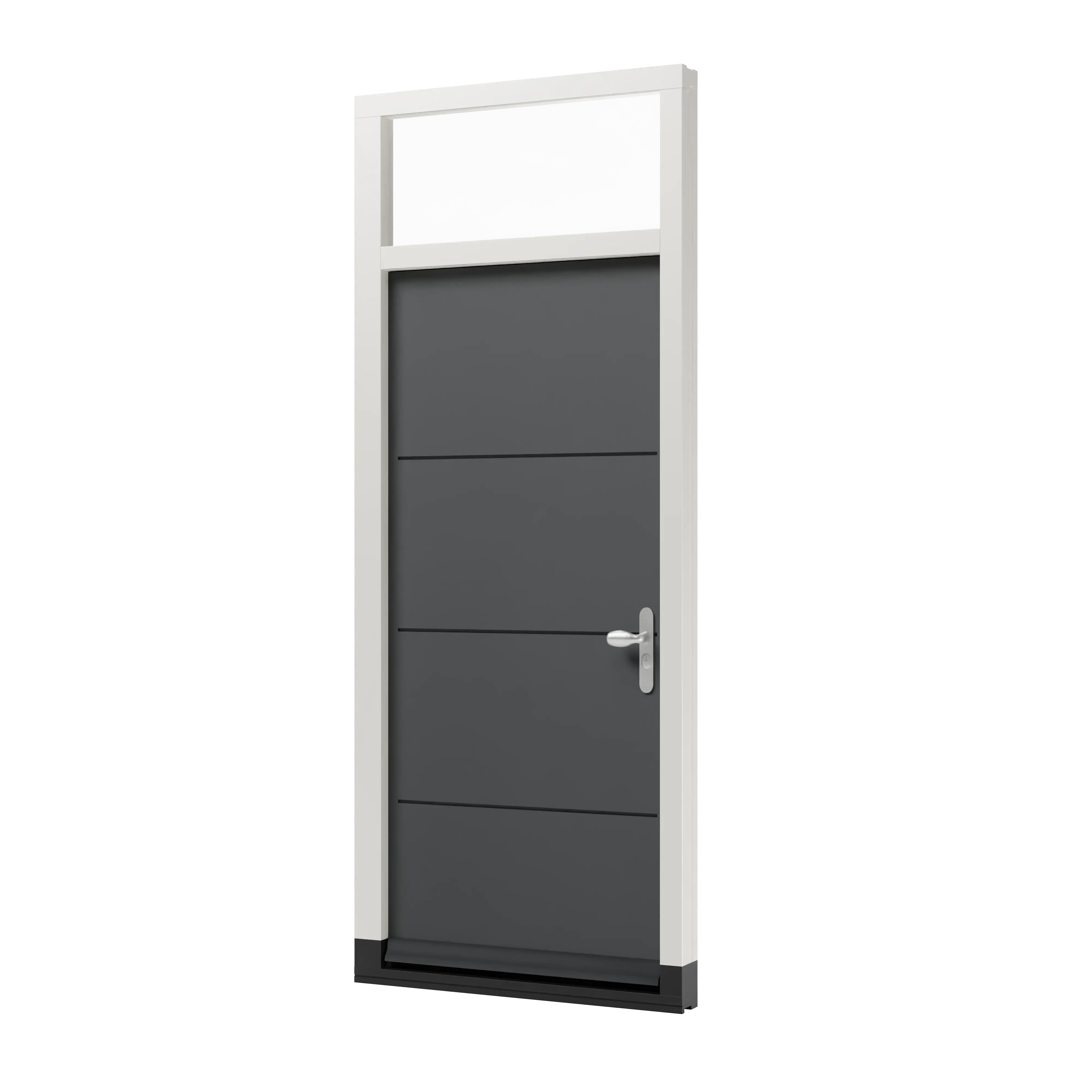 Houten voordeur met horizontale groeven en kozijn voorzien van een bovenlicht